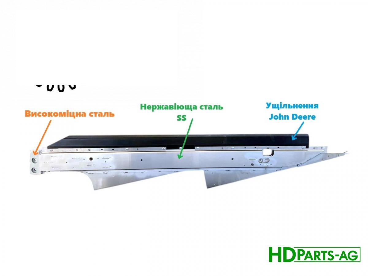 пластина решетного стану нижня ліва посилена STAINLESS STEEL з оригінальним ущільнення John Deere AH230512X (KXE10094, AH230512) (HDParts-AG, Німеччина)